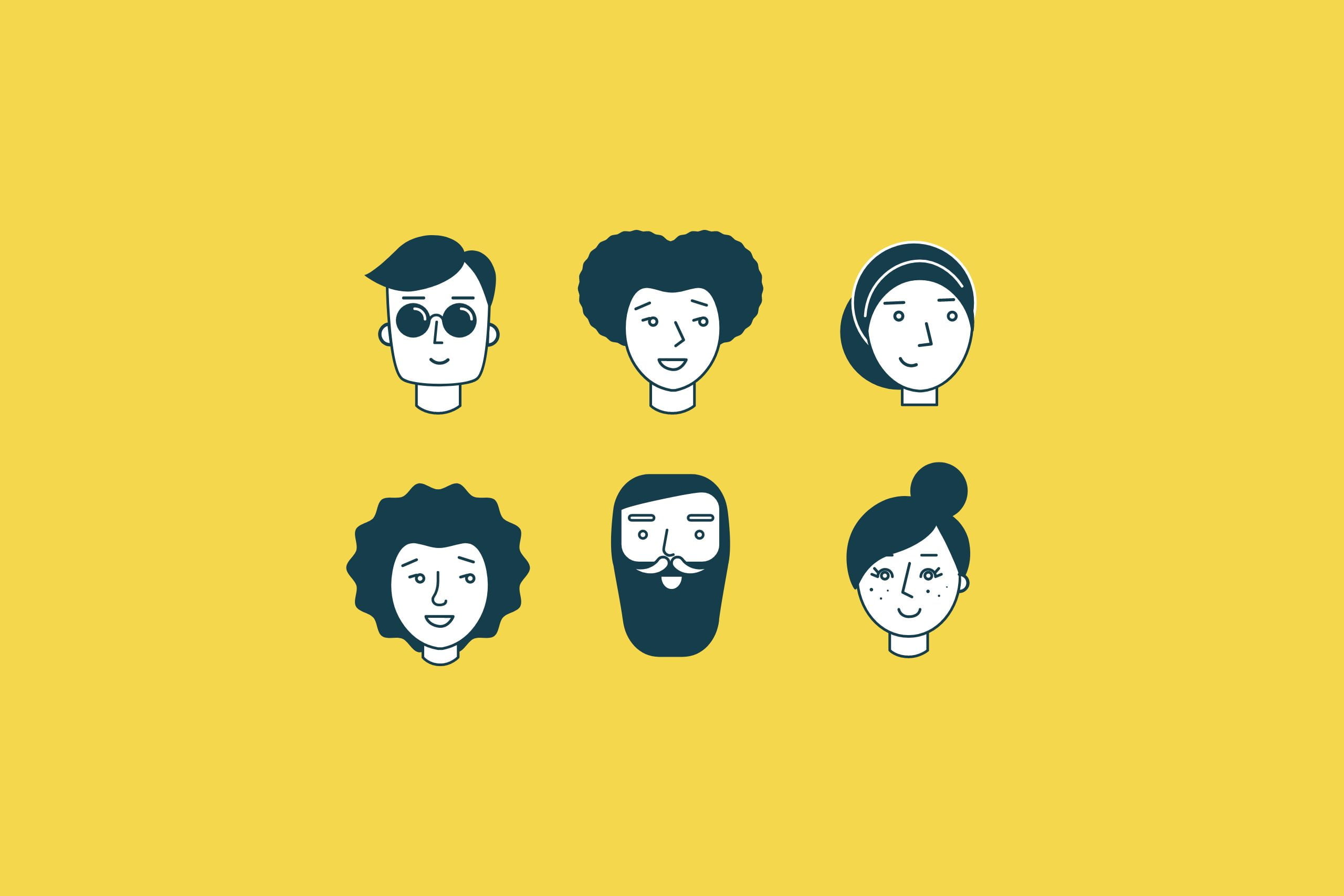 buyer persona, six heads graphically representing different client types